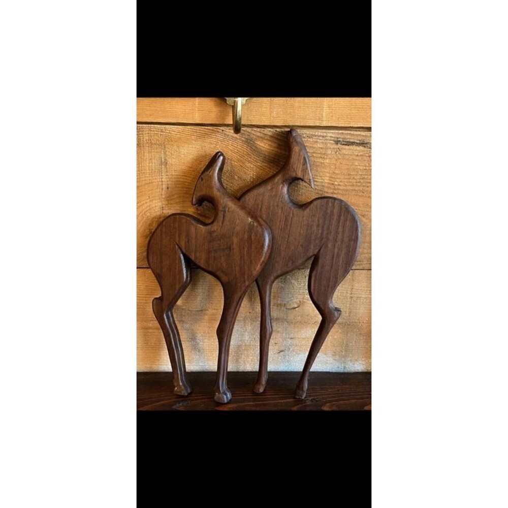 Vintage Hand-Carved Wood Gazelle Antelope Figures – Pair | MCM Boho Decor